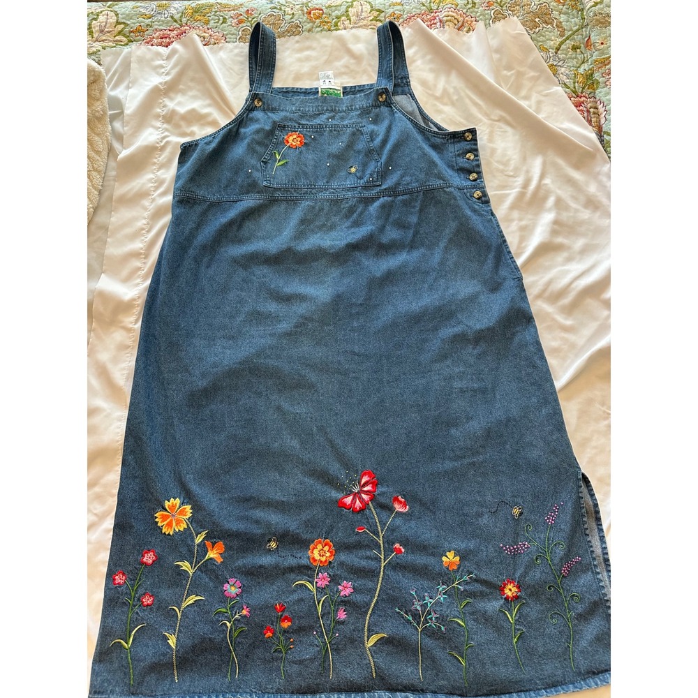 Quacker Factory Denim Jumper Dress Floral Embroidered Plus Size 24/Cottage Core